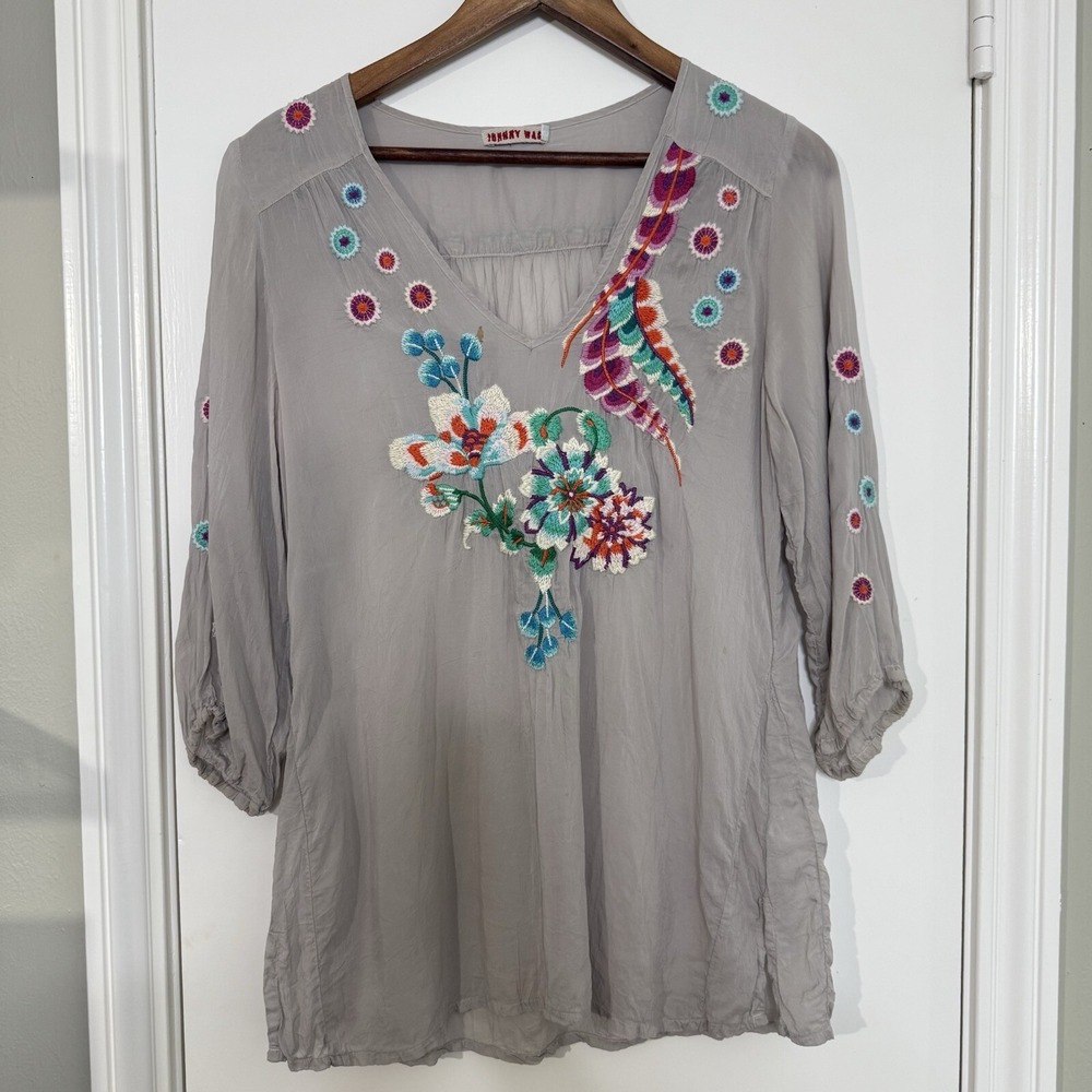Johnny Was Gray Rayon Pullover Tunic Blouse Floral Geometric Peacock Mulitcolor
